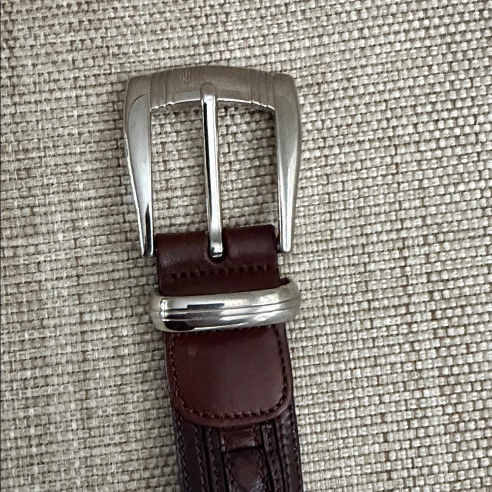 MEZLAN Crocodile Belt 1.25 Brown Exotic Leather Silver Buckle Western Dress Flaw